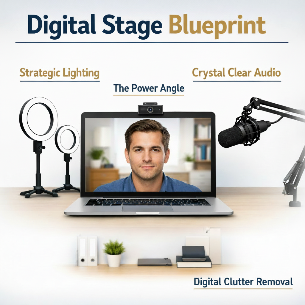 A diagram illustrating the Digital Stage Blueprint with labels for Strategic Lighting, Crystal Clear Audio, The Power Angle, and Digital Clutter Removal.