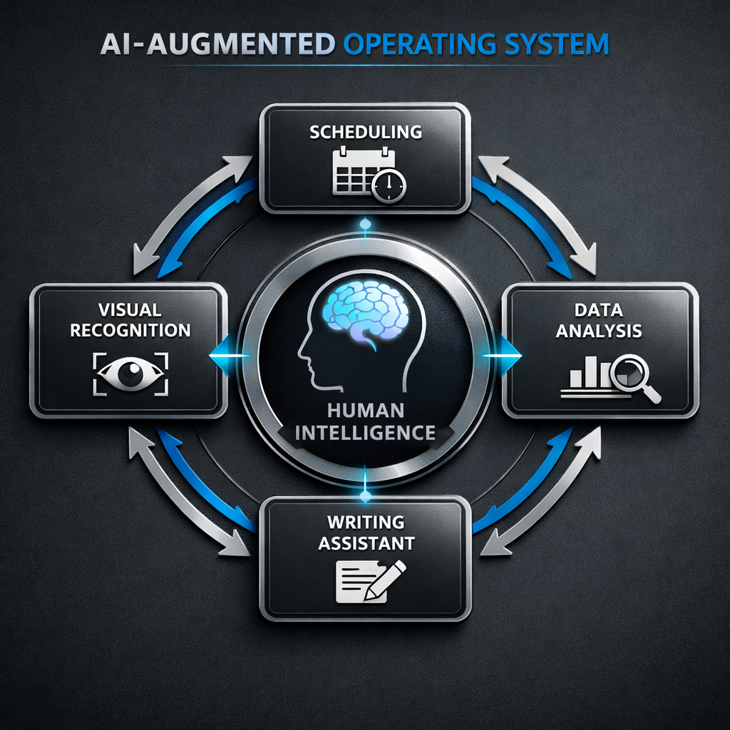 A diagram illustrating the AI-Augmented Operating System with Human Intelligence at the center, surrounded by AI Modules for Scheduling, Data Analysis, Visual Recognition, and Writing Assistant.