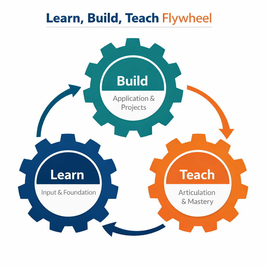 An infographic showing the Learn, Build, Teach Flywheel with three interlocking gears representing Learn (Input and Foundation), Build (Application and Projects), and Teach (Articulation and Mastery).